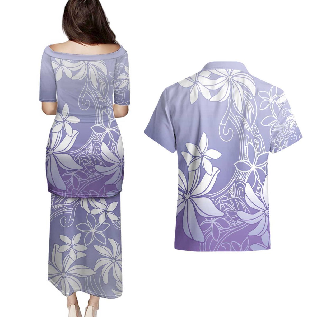 Tiare Tahiti Couples Matching Puletasi and Hawaiian Shirt Purple Polynesia Motifs - Polynesian Pride