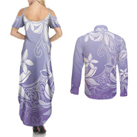 Tiare Tahiti Couples Matching Summer Maxi Dress and Long Sleeve Button Shirt Purple Polynesia Motifs - Polynesian Pride