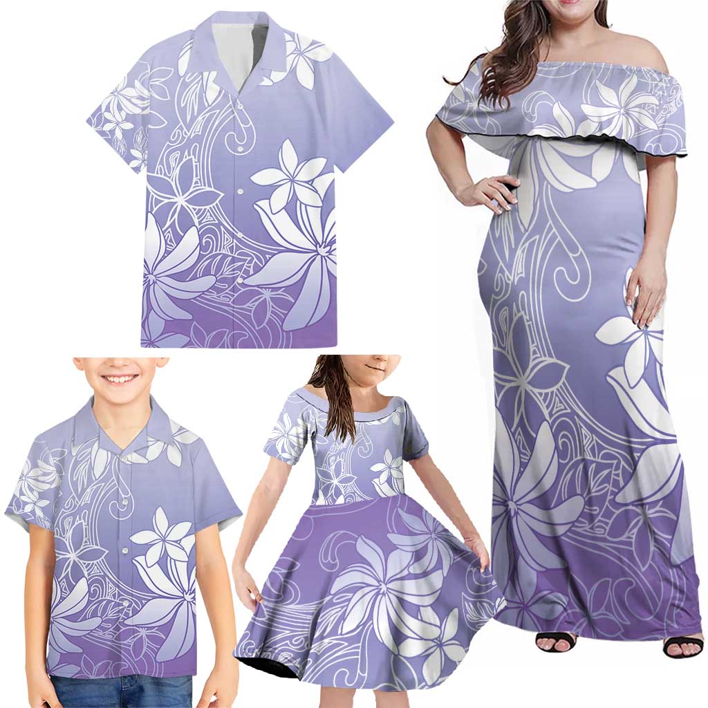 Tiare Tahiti Family Matching Off Shoulder Maxi Dress and Hawaiian Shirt Purple Polynesia Motifs - Polynesian Pride