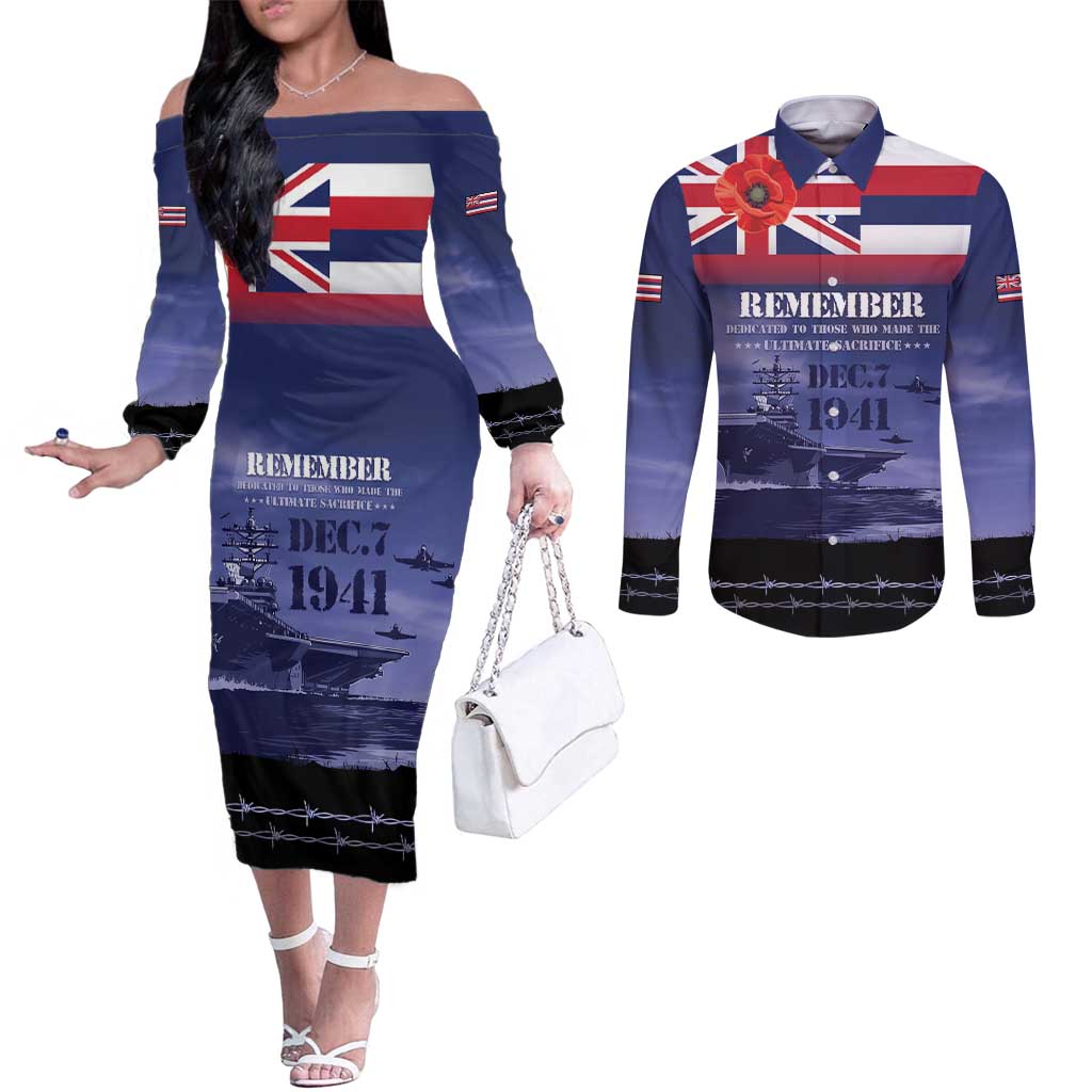 Hawaii Pearl Harbor Remembrance Day Couples Matching Off The Shoulder Long Sleeve Dress and Long Sleeve Button Shirt Flag Style LT05 Blue - Polynesian Pride