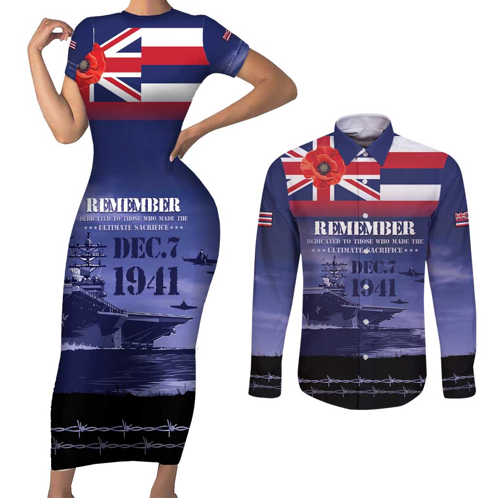 Hawaii Pearl Harbor Remembrance Day Couples Matching Short Sleeve Bodycon Dress and Long Sleeve Button Shirt Flag Style LT05 Blue - Polynesian Pride
