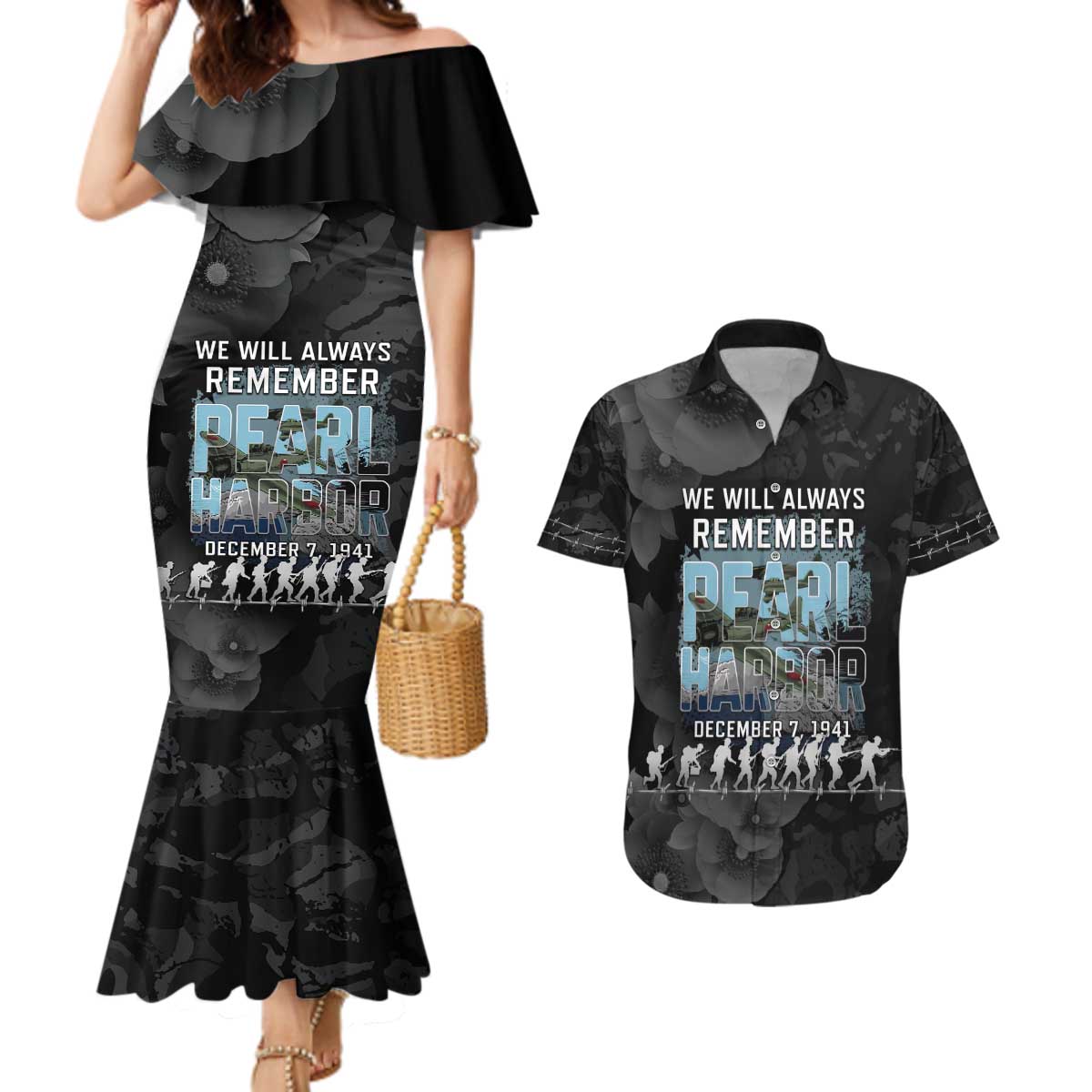 Personalized Pearl Harbor Remembrance Day Couples Matching Mermaid Dress and Hawaiian Shirt We Will Always Remember LT05 Black - Polynesian Pride