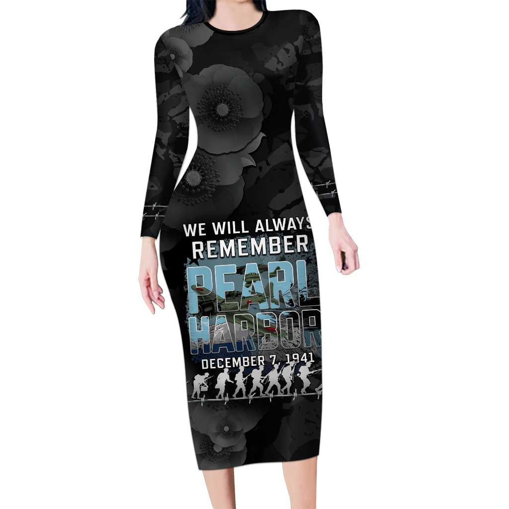 Personalized Pearl Harbor Remembrance Day Long Sleeve Bodycon Dress We Will Always Remember LT05 Long Dress Black - Polynesian Pride