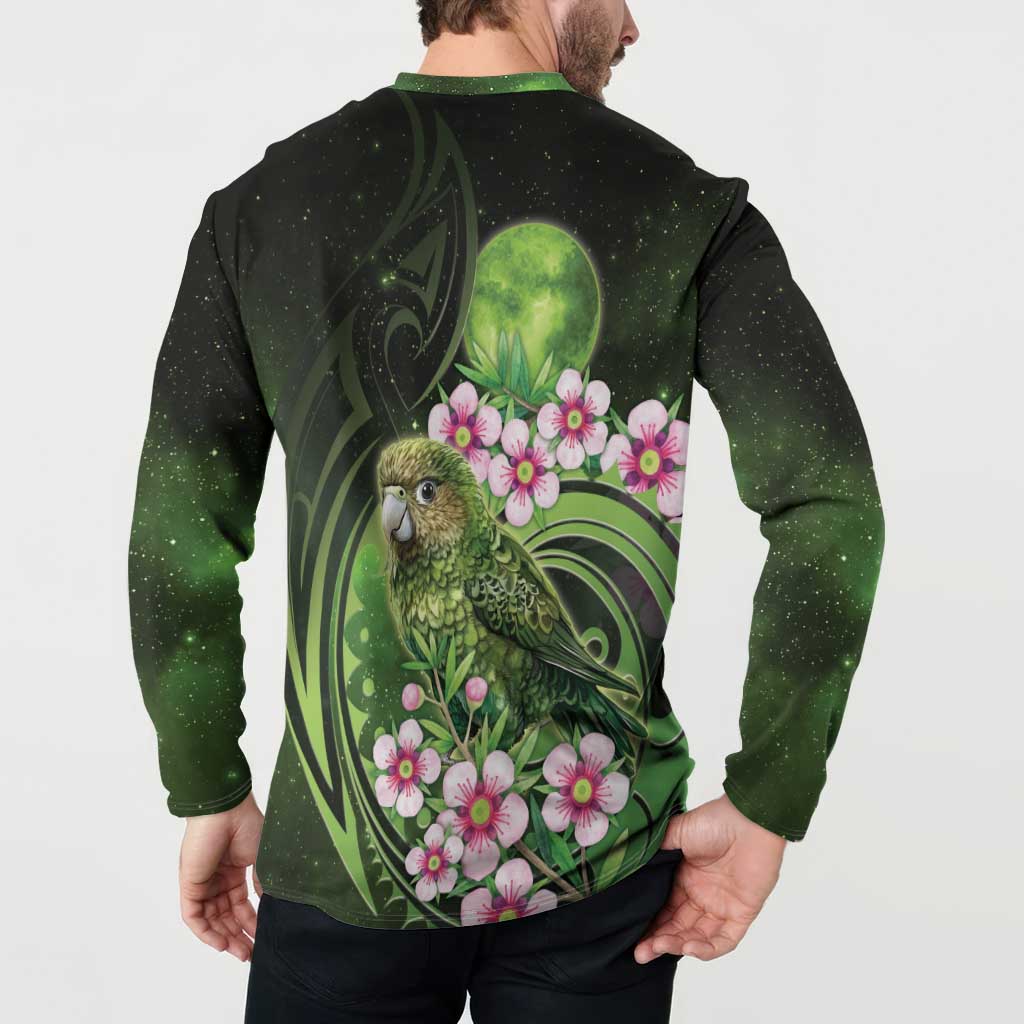New Zealand Aotearoa Kakapo Button Sweatshirt Maori Pattern With Manuka Galaxy Style - Polynesian Pride