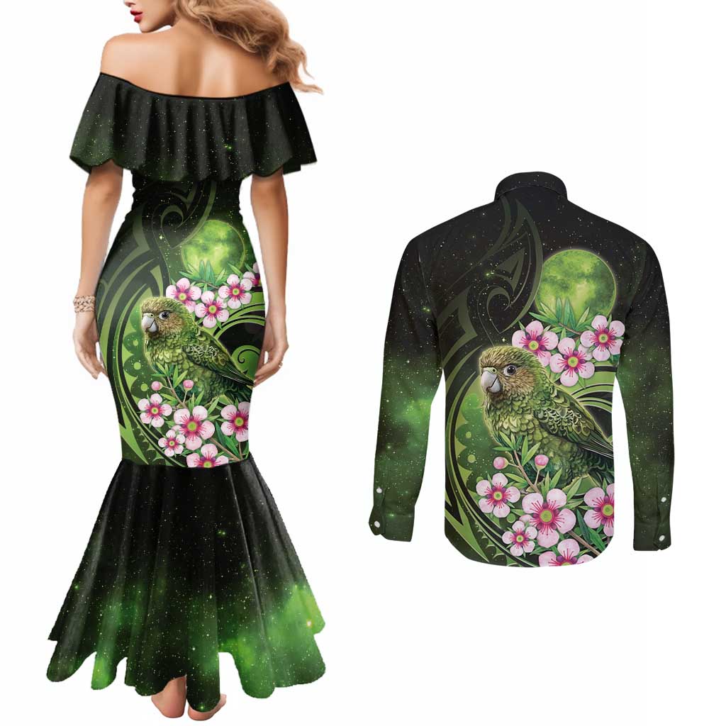 New Zealand Aotearoa Kakapo Couples Matching Mermaid Dress and Long Sleeve Button Shirt Maori Pattern With Manuka Galaxy Style - Polynesian Pride