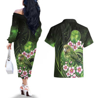 New Zealand Aotearoa Kakapo Couples Matching Off The Shoulder Long Sleeve Dress and Hawaiian Shirt Maori Pattern With Manuka Galaxy Style - Polynesian Pride
