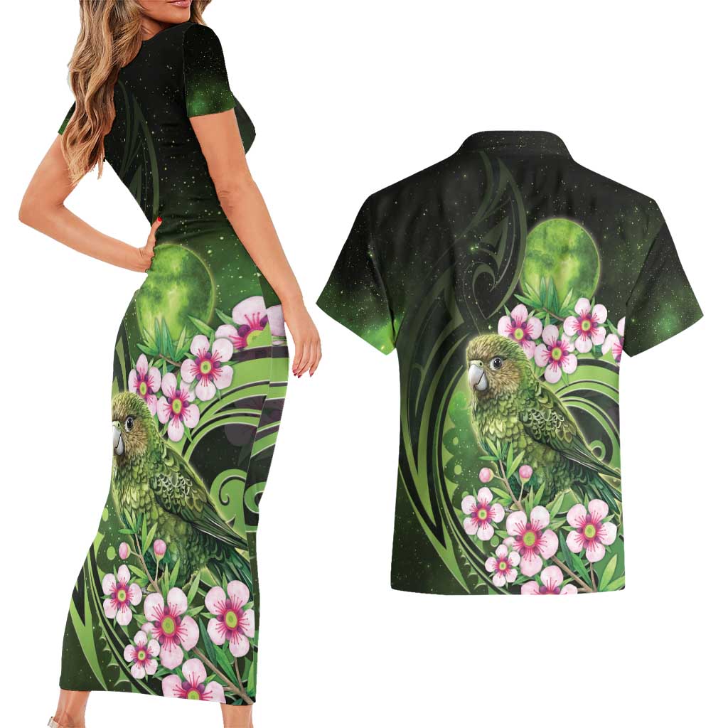 New Zealand Aotearoa Kakapo Couples Matching Short Sleeve Bodycon Dress and Hawaiian Shirt Maori Pattern With Manuka Galaxy Style - Polynesian Pride