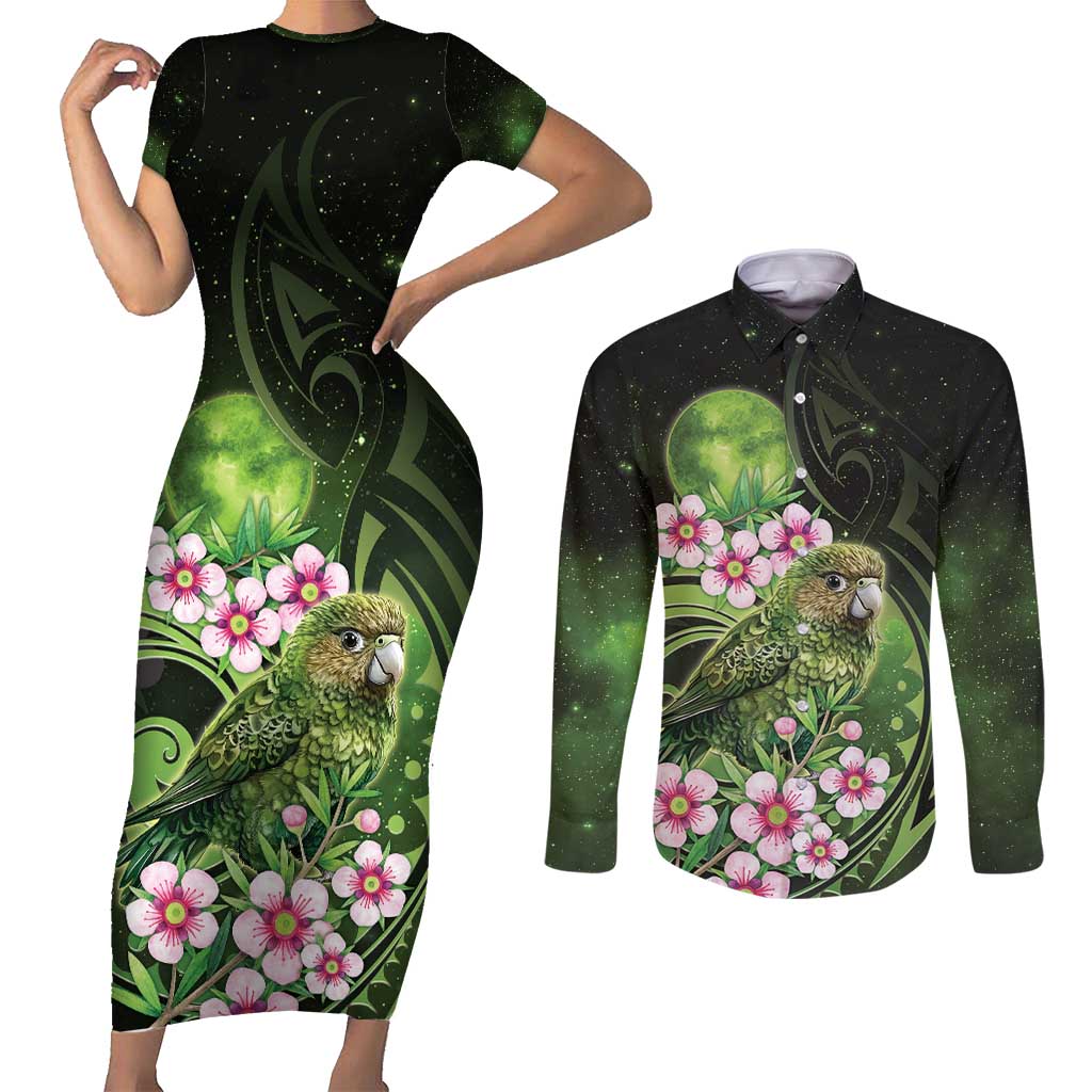 New Zealand Aotearoa Kakapo Couples Matching Short Sleeve Bodycon Dress and Long Sleeve Button Shirt Maori Pattern With Manuka Galaxy Style - Polynesian Pride