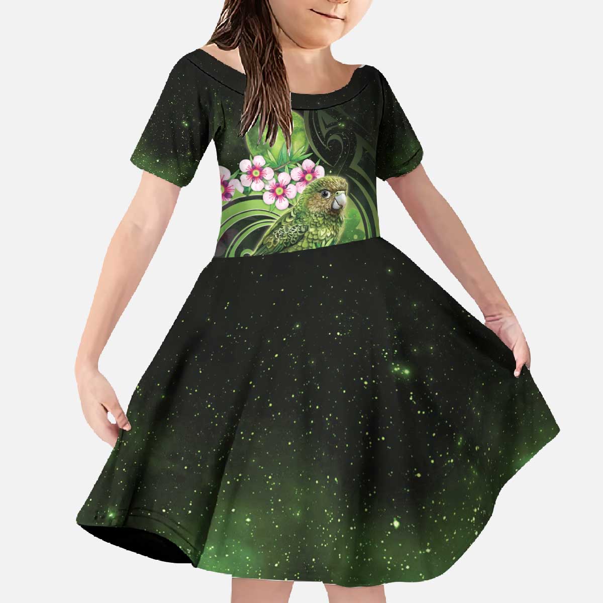New Zealand Aotearoa Kakapo Family Matching Off The Shoulder Long Sleeve Dress and Hawaiian Shirt Maori Pattern With Manuka Galaxy Style - Polynesian Pride