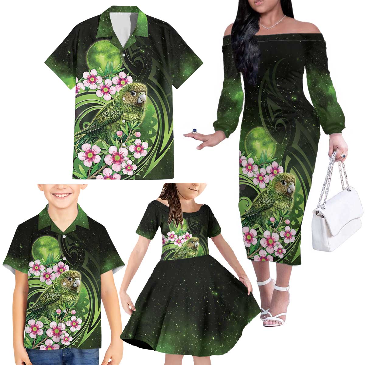 New Zealand Aotearoa Kakapo Family Matching Off The Shoulder Long Sleeve Dress and Hawaiian Shirt Maori Pattern With Manuka Galaxy Style - Polynesian Pride