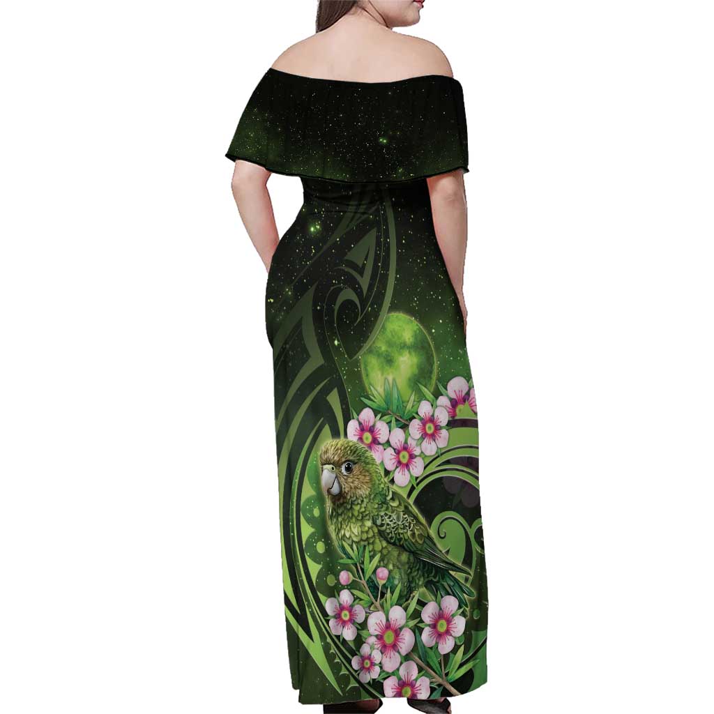 New Zealand Aotearoa Kakapo Family Matching Off Shoulder Maxi Dress and Hawaiian Shirt Maori Pattern With Manuka Galaxy Style - Polynesian Pride