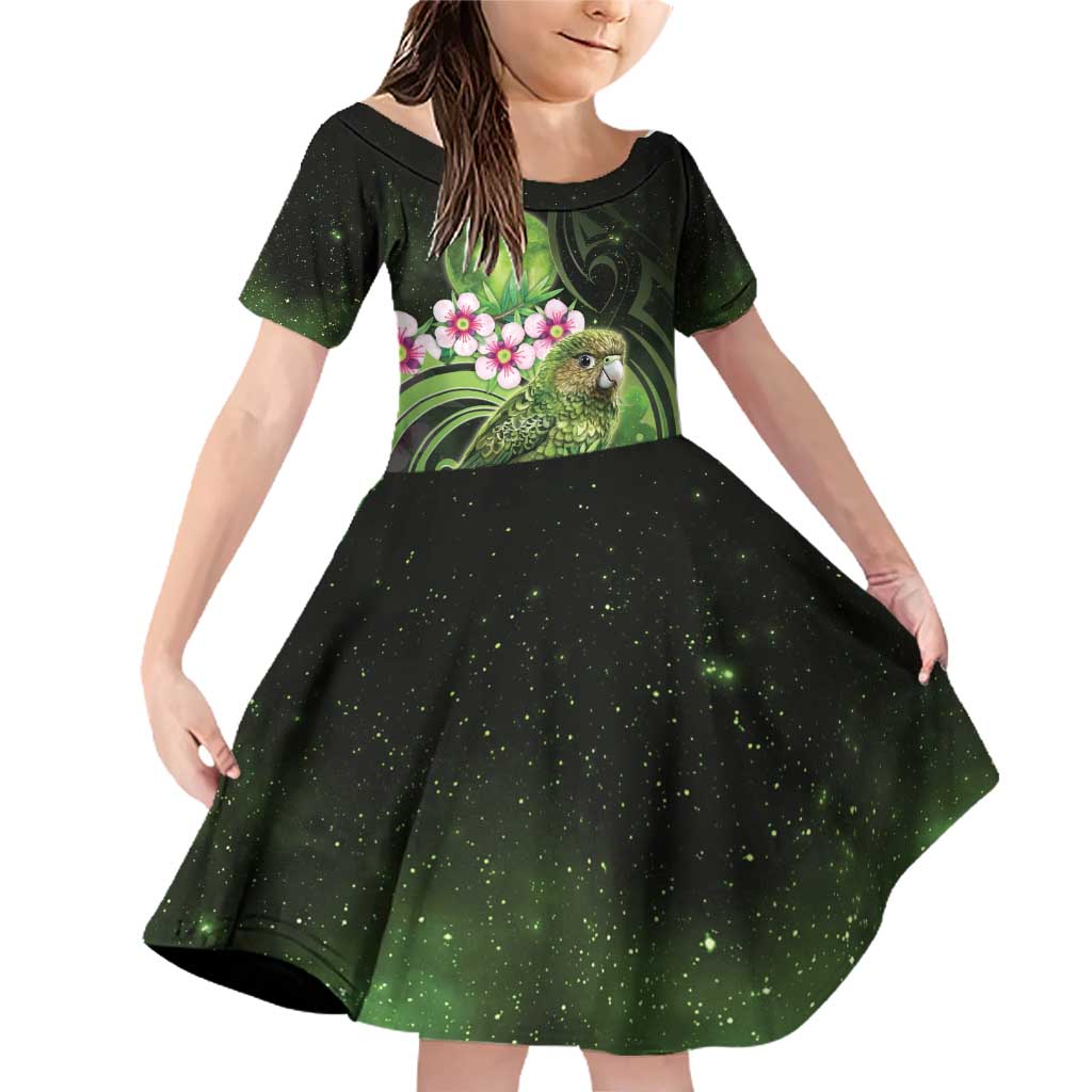 New Zealand Aotearoa Kakapo Family Matching Off Shoulder Short Dress and Hawaiian Shirt Maori Pattern With Manuka Galaxy Style - Polynesian Pride