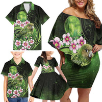 New Zealand Aotearoa Kakapo Family Matching Off Shoulder Short Dress and Hawaiian Shirt Maori Pattern With Manuka Galaxy Style - Polynesian Pride