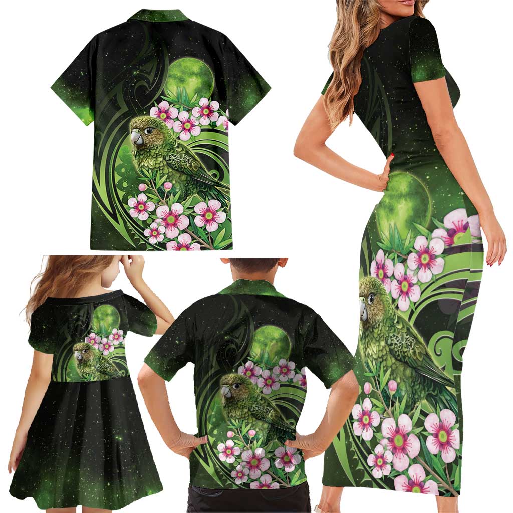 New Zealand Aotearoa Kakapo Family Matching Short Sleeve Bodycon Dress and Hawaiian Shirt Maori Pattern With Manuka Galaxy Style - Polynesian Pride