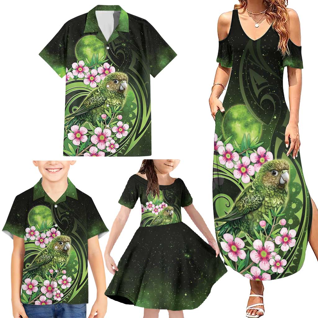 New Zealand Aotearoa Kakapo Family Matching Summer Maxi Dress and Hawaiian Shirt Maori Pattern With Manuka Galaxy Style - Polynesian Pride