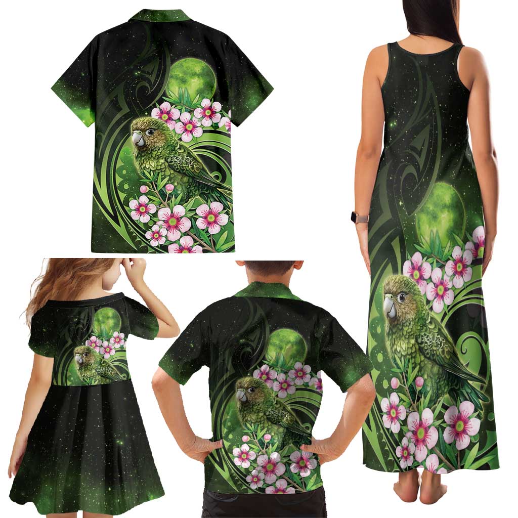 New Zealand Aotearoa Kakapo Family Matching Tank Maxi Dress and Hawaiian Shirt Maori Pattern With Manuka Galaxy Style - Polynesian Pride