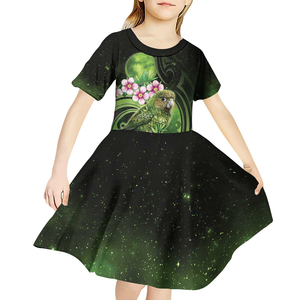 New Zealand Aotearoa Kakapo Kid Short Sleeve Dress Maori Pattern With Manuka Galaxy Style - Polynesian Pride