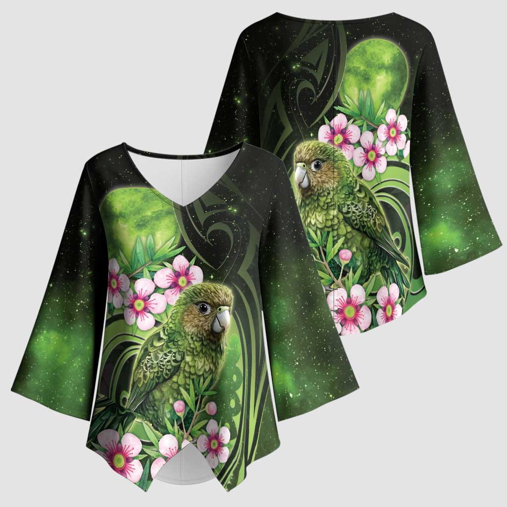 New Zealand Aotearoa Kakapo Kimono Sleeve Blouse Maori Pattern With Manuka Galaxy Style - Polynesian Pride
