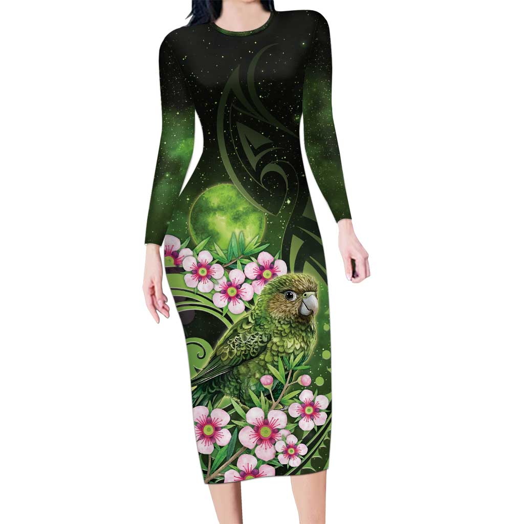 New Zealand Aotearoa Kakapo Long Sleeve Bodycon Dress Maori Pattern With Manuka Galaxy Style - Polynesian Pride