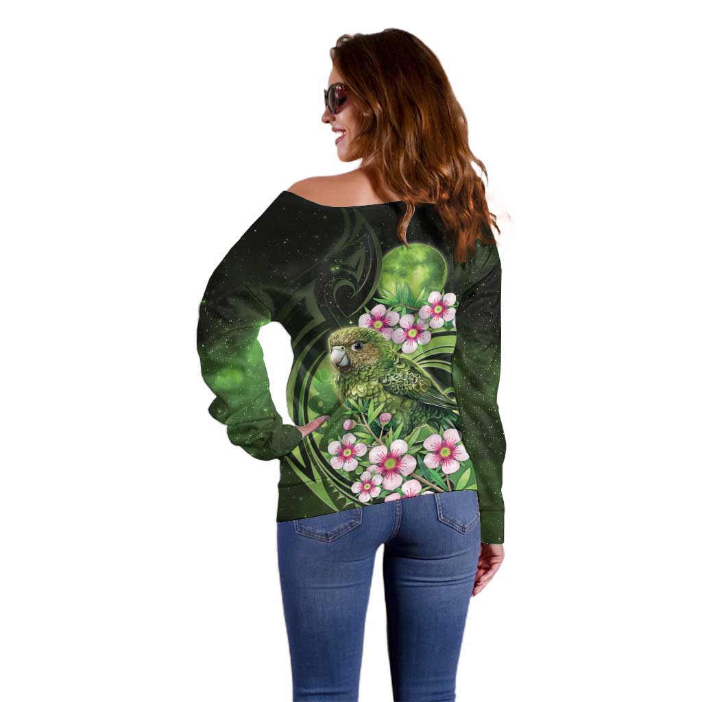 New Zealand Aotearoa Kakapo Off Shoulder Sweater Maori Pattern With Manuka Galaxy Style - Polynesian Pride