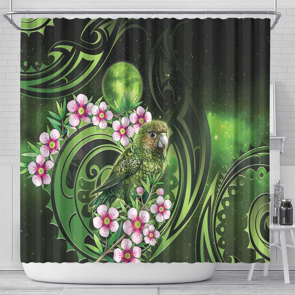 New Zealand Aotearoa Kakapo Shower Curtain Maori Pattern With Manuka Galaxy Style - Polynesian Pride