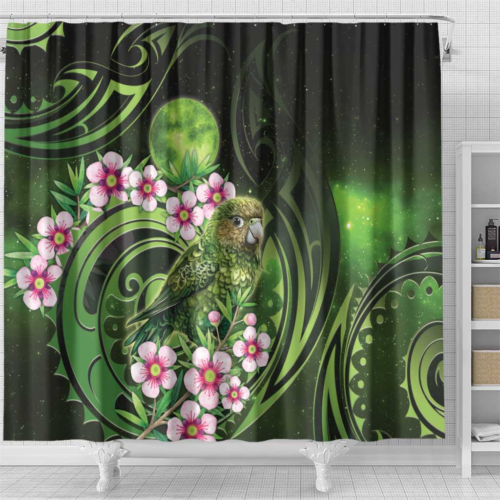 New Zealand Aotearoa Kakapo Shower Curtain Maori Pattern With Manuka Galaxy Style - Polynesian Pride