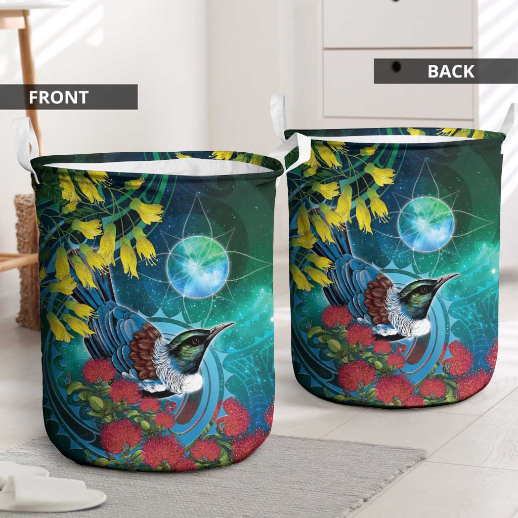 New Zealand Tui Bird Laundry Basket Maori Koru With Pohutukawa Galaxy Style - Polynesian Pride