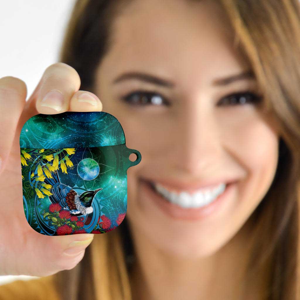 New Zealand Tui Bird AirPods Case Maori Koru With Pohutukawa Galaxy Style - Polynesian Pride