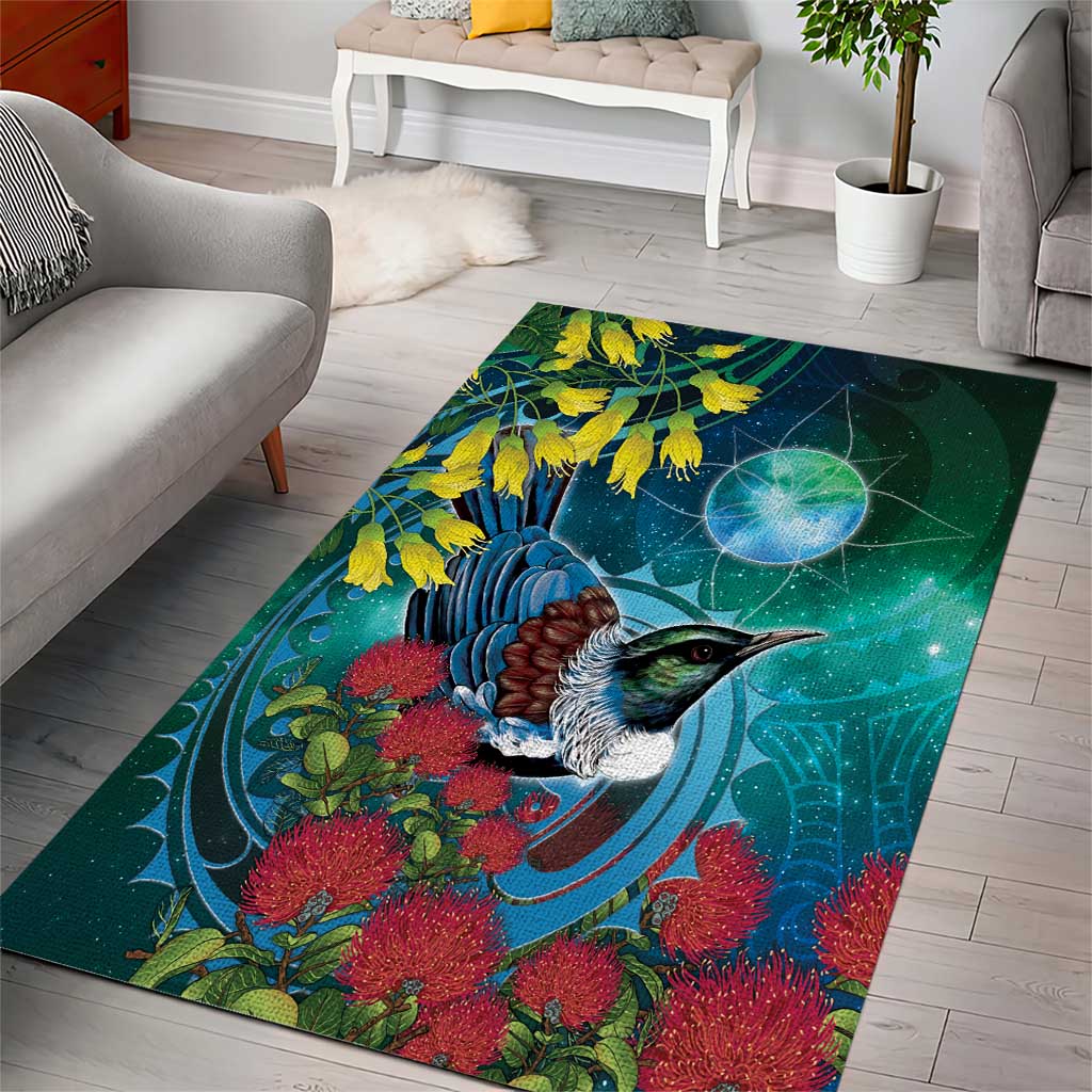 New Zealand Tui Bird Area Rug Maori Koru With Pohutukawa Galaxy Style - Polynesian Pride