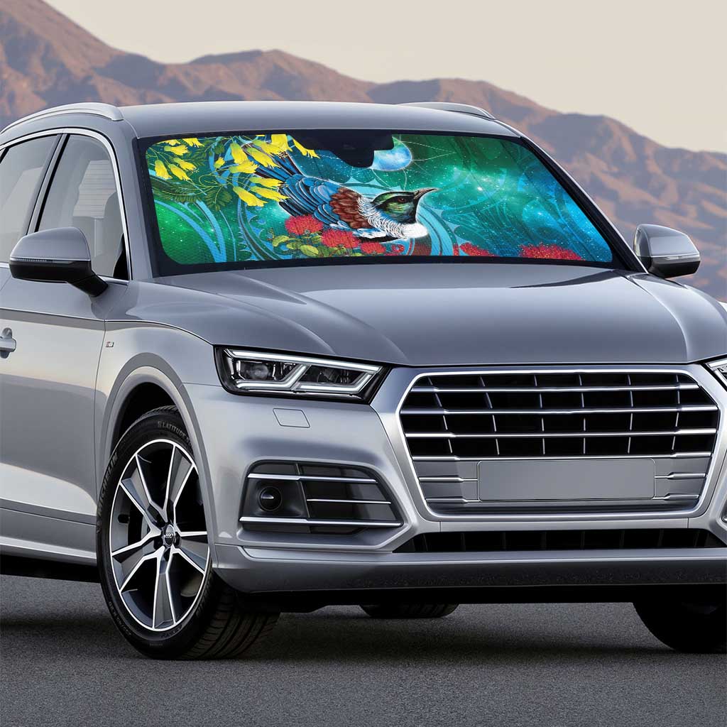 New Zealand Tui Bird Auto Sun Shade Maori Koru With Pohutukawa Galaxy Style - Polynesian Pride