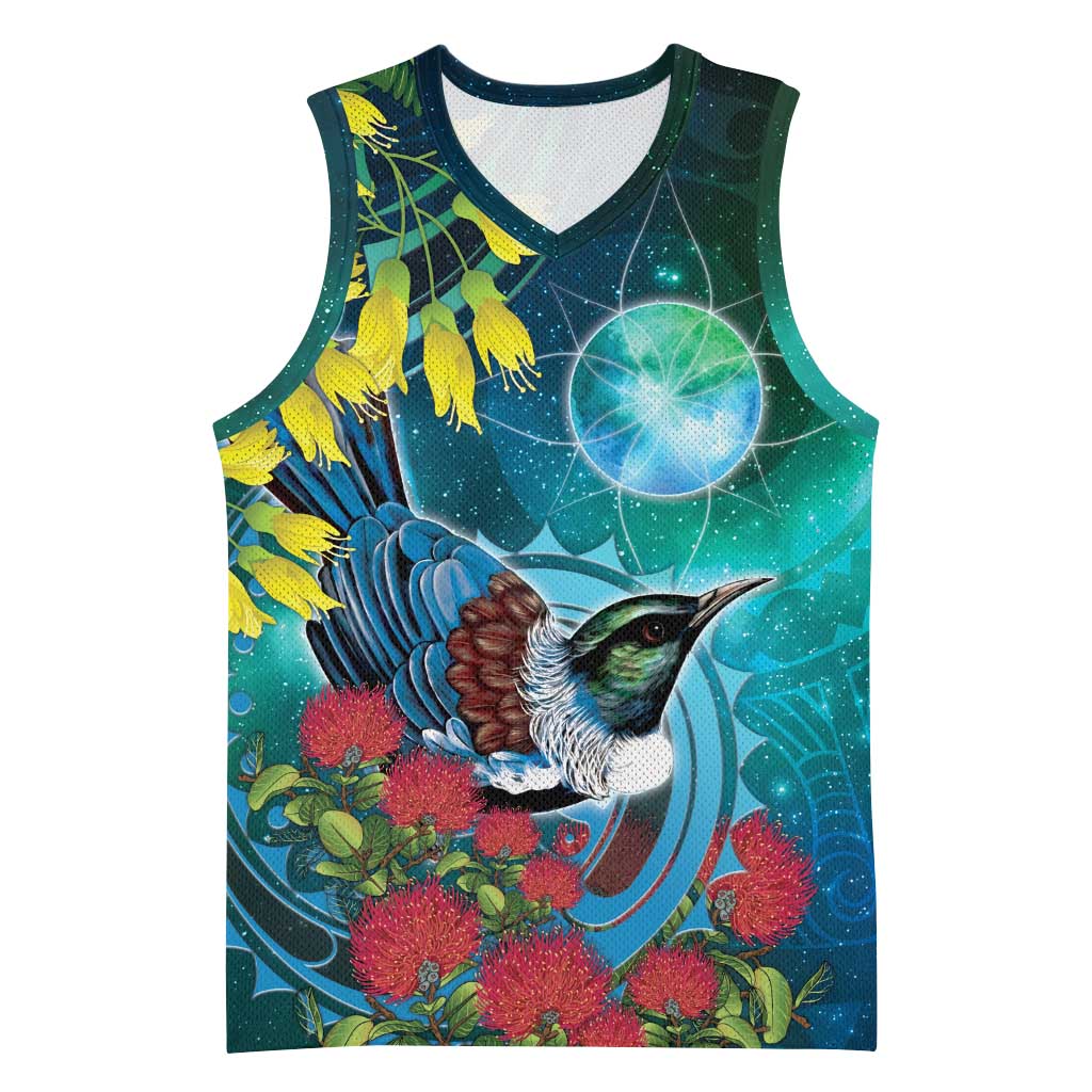 New Zealand Tui Bird Basketball Jersey Maori Koru With Pohutukawa Galaxy Style - Polynesian Pride