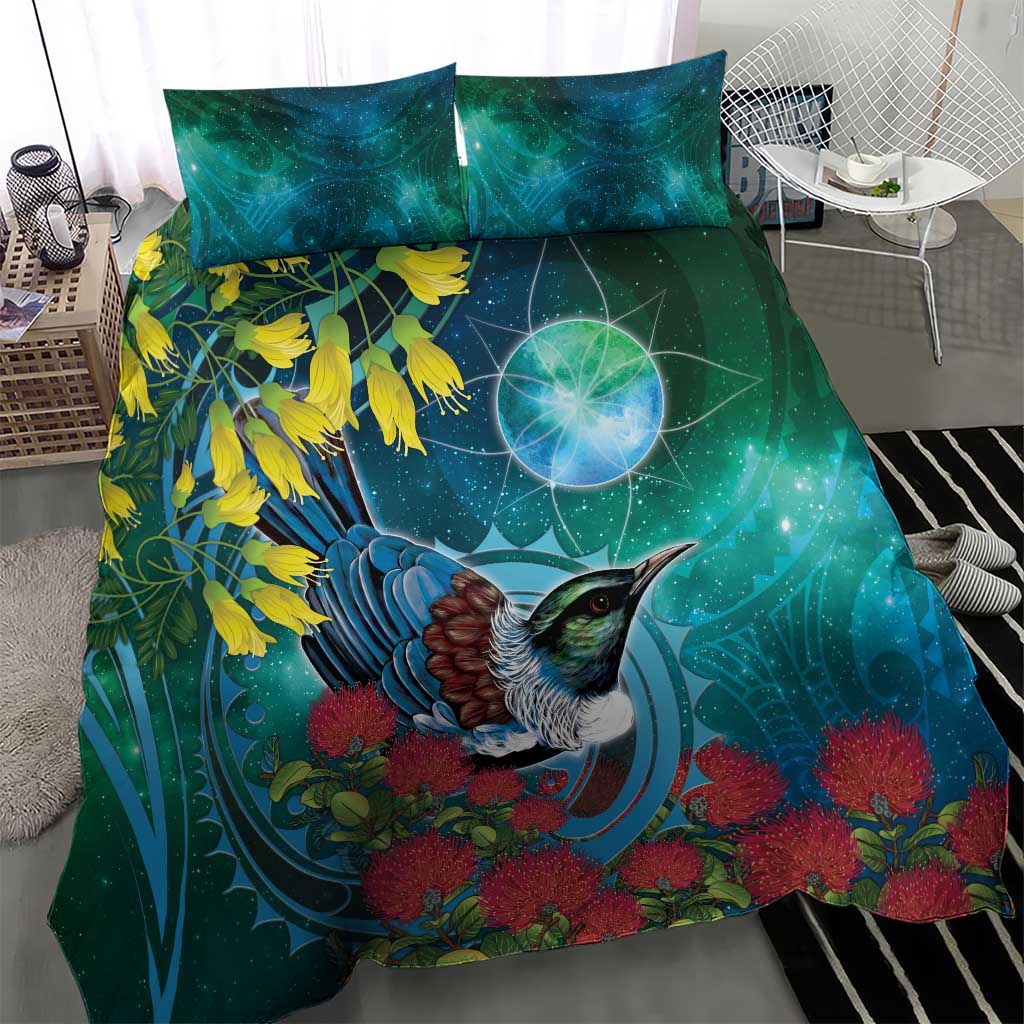 New Zealand Tui Bird Bedding Set Maori Koru With Pohutukawa Galaxy Style - Polynesian Pride