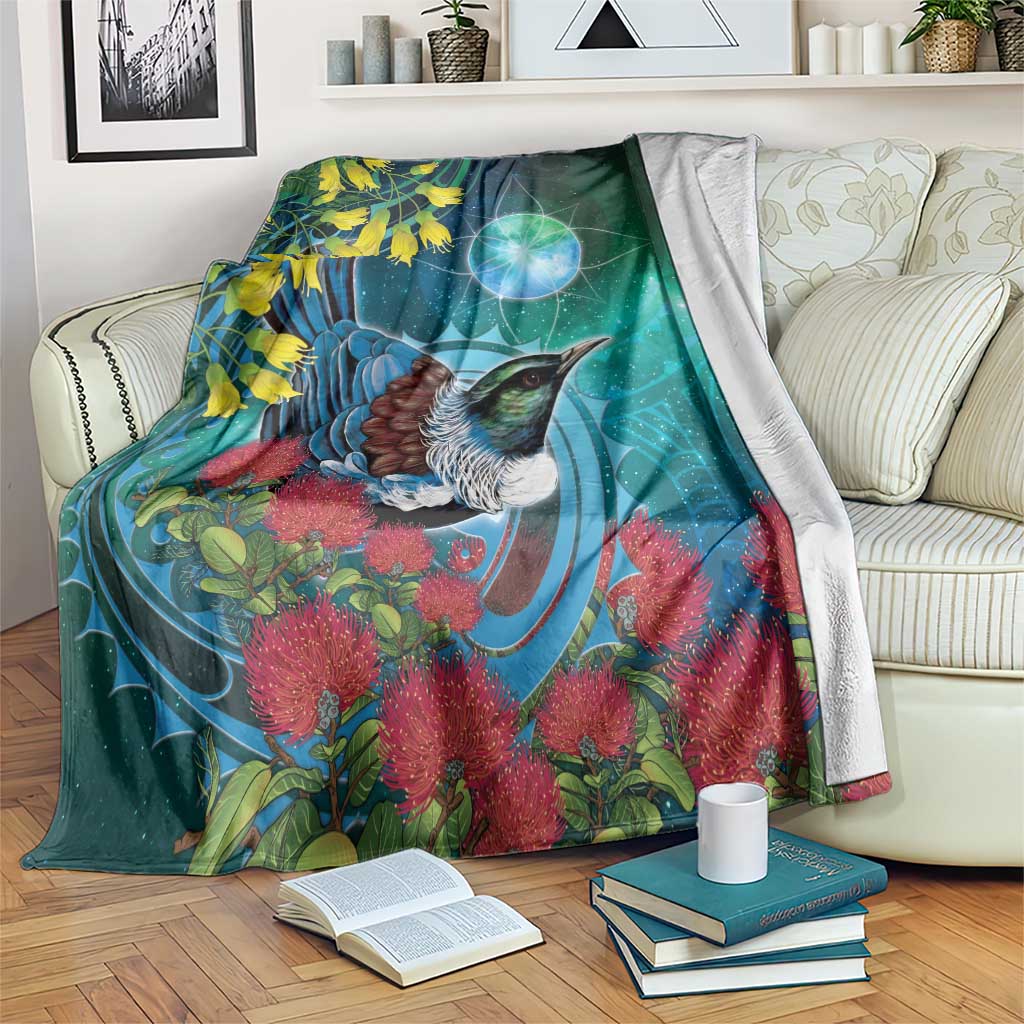 New Zealand Tui Bird Blanket Maori Koru With Pohutukawa Galaxy Style - Polynesian Pride