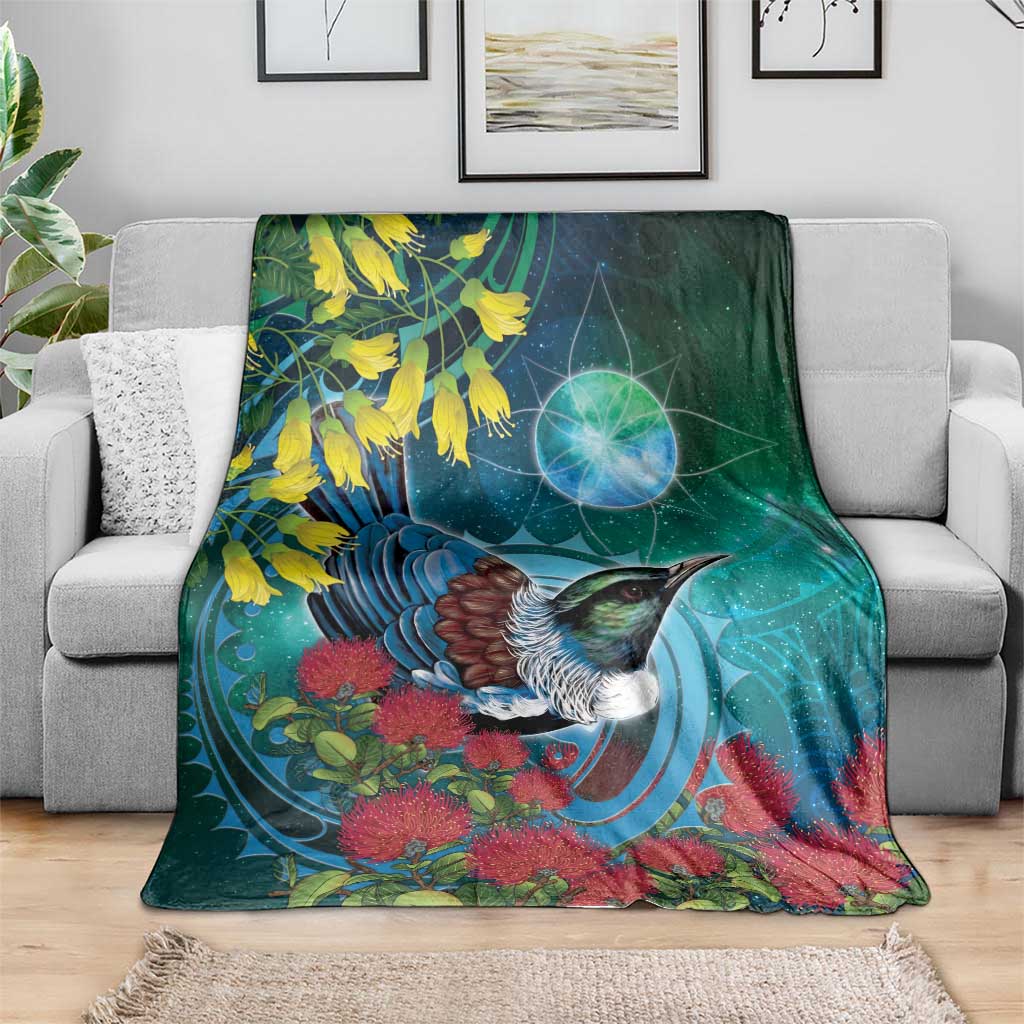 New Zealand Tui Bird Blanket Maori Koru With Pohutukawa Galaxy Style - Polynesian Pride
