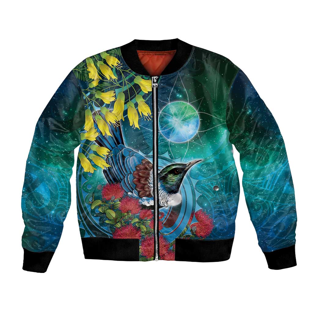 New Zealand Tui Bird Bomber Jacket Maori Koru With Pohutukawa Galaxy Style - Polynesian Pride