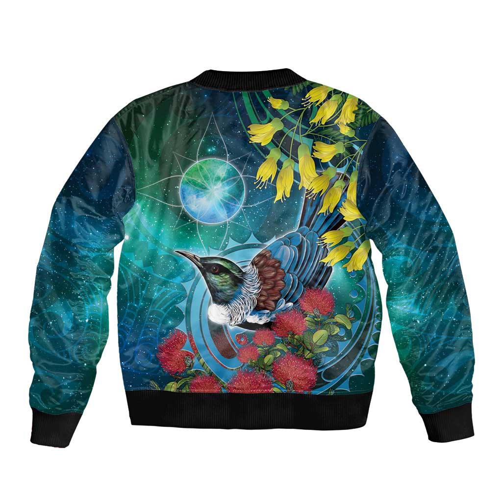 New Zealand Tui Bird Bomber Jacket Maori Koru With Pohutukawa Galaxy Style - Polynesian Pride