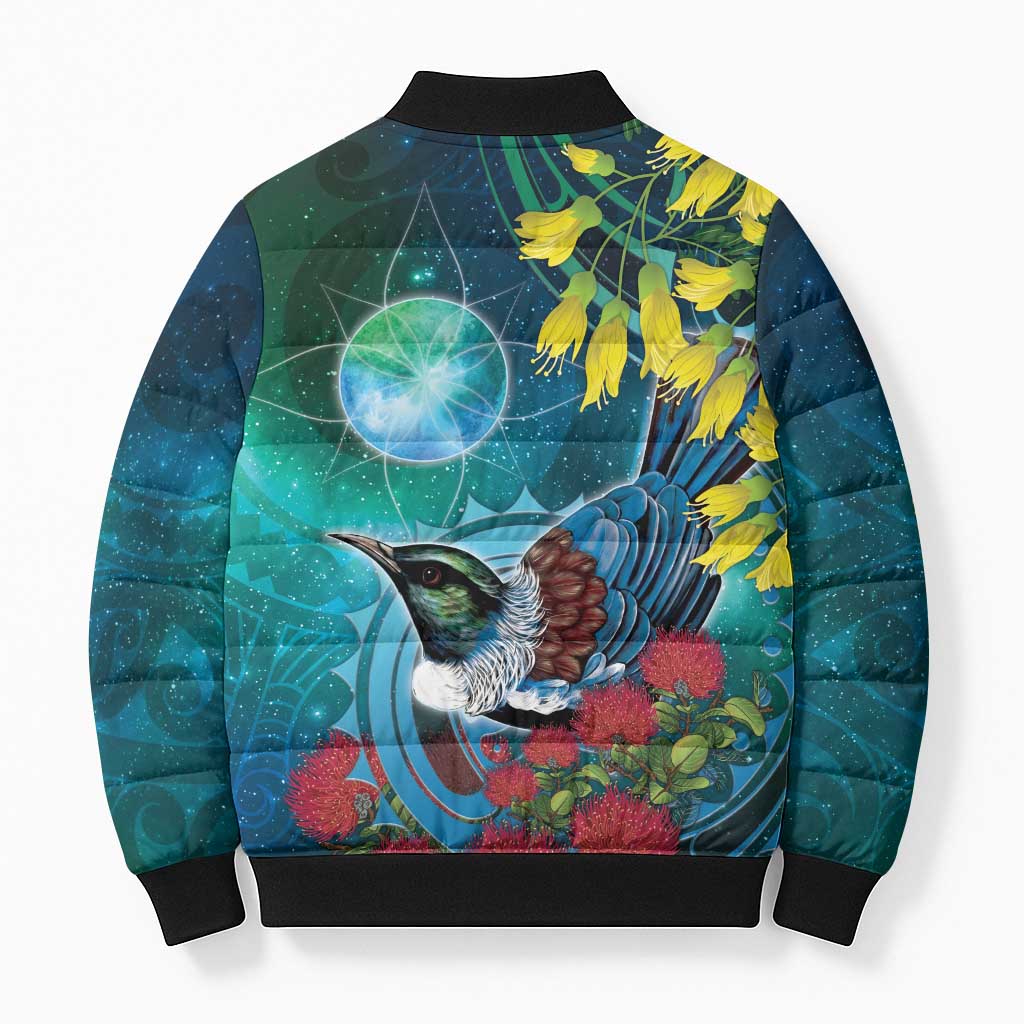 New Zealand Tui Bird Bomber Puffer Jacket Maori Koru With Pohutukawa Galaxy Style - Polynesian Pride