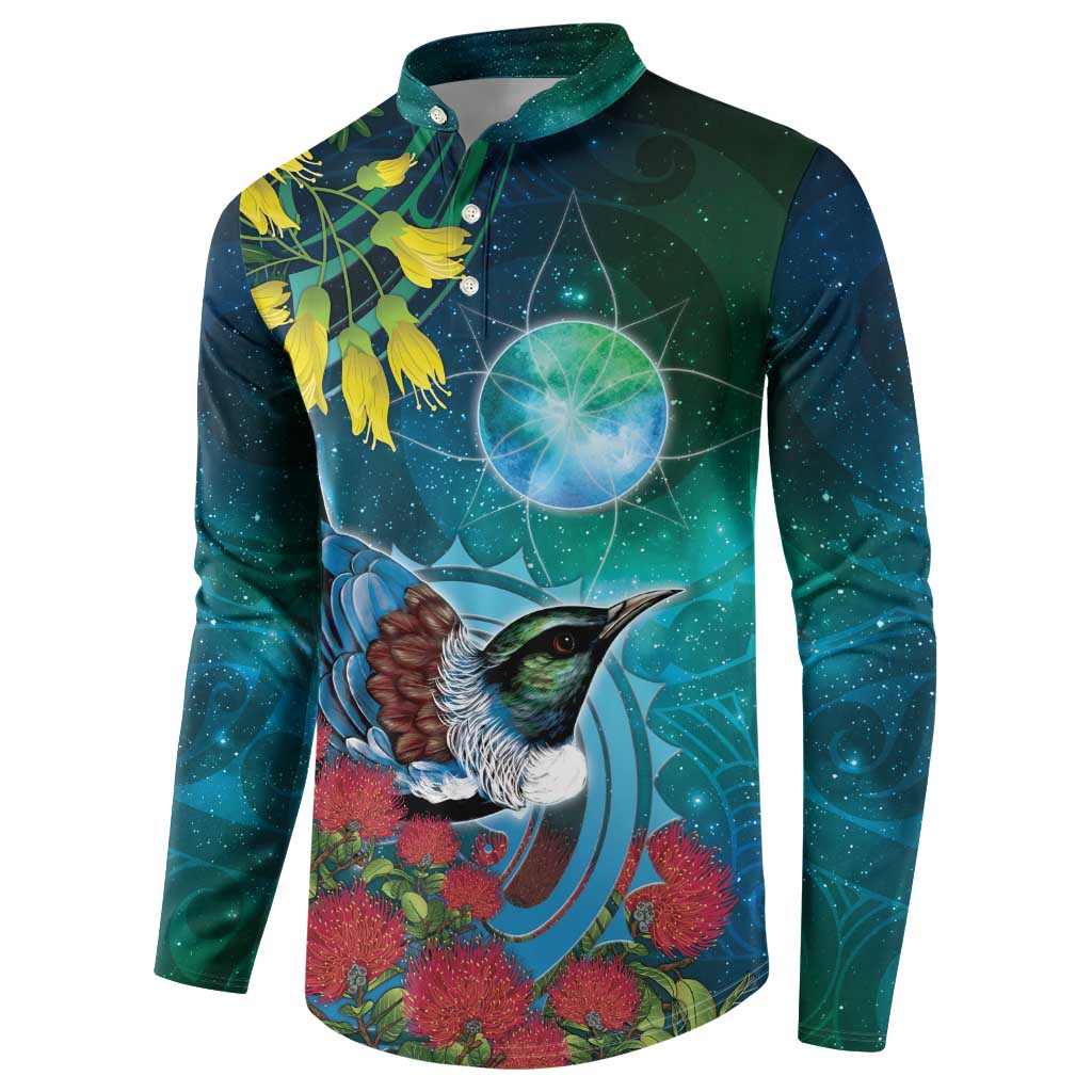 New Zealand Tui Bird Button Sweatshirt Maori Koru With Pohutukawa Galaxy Style - Polynesian Pride