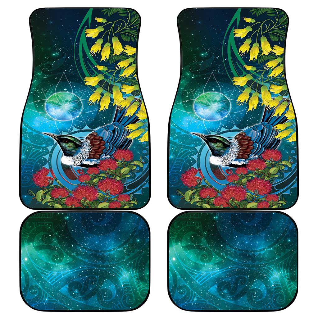 New Zealand Tui Bird Car Mats Maori Koru With Pohutukawa Galaxy Style - Polynesian Pride