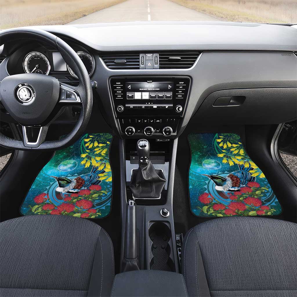 New Zealand Tui Bird Car Mats Maori Koru With Pohutukawa Galaxy Style - Polynesian Pride