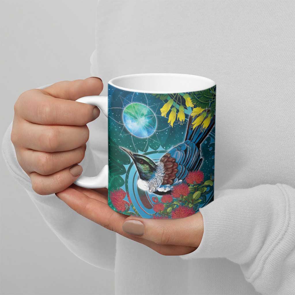 New Zealand Tui Bird Ceramic Mug Maori Koru With Pohutukawa Galaxy Style - Polynesian Pride