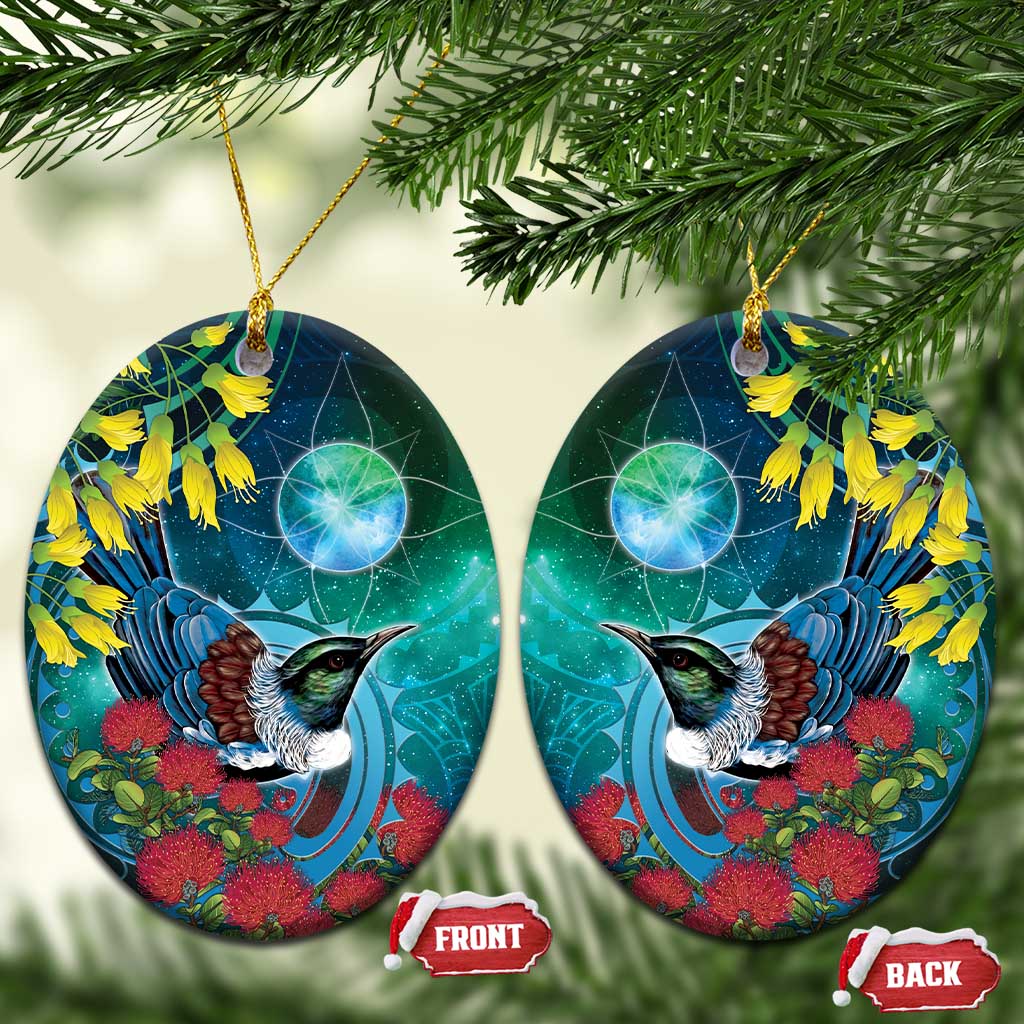 New Zealand Tui Bird Ceramic Ornament Maori Koru With Pohutukawa Galaxy Style - Polynesian Pride