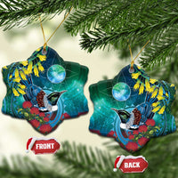 New Zealand Tui Bird Ceramic Ornament Maori Koru With Pohutukawa Galaxy Style - Polynesian Pride