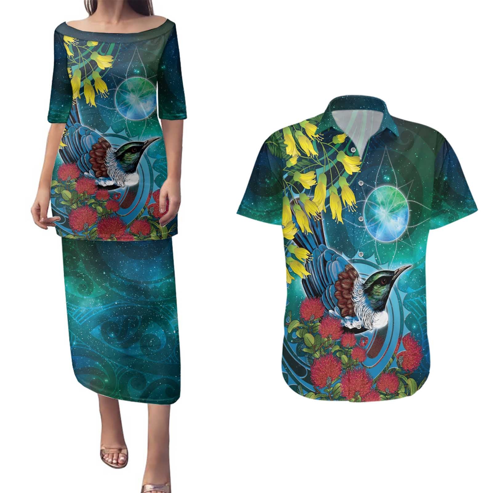 New Zealand Tui Bird Couples Matching Puletasi and Hawaiian Shirt Maori Koru With Pohutukawa Galaxy Style - Polynesian Pride