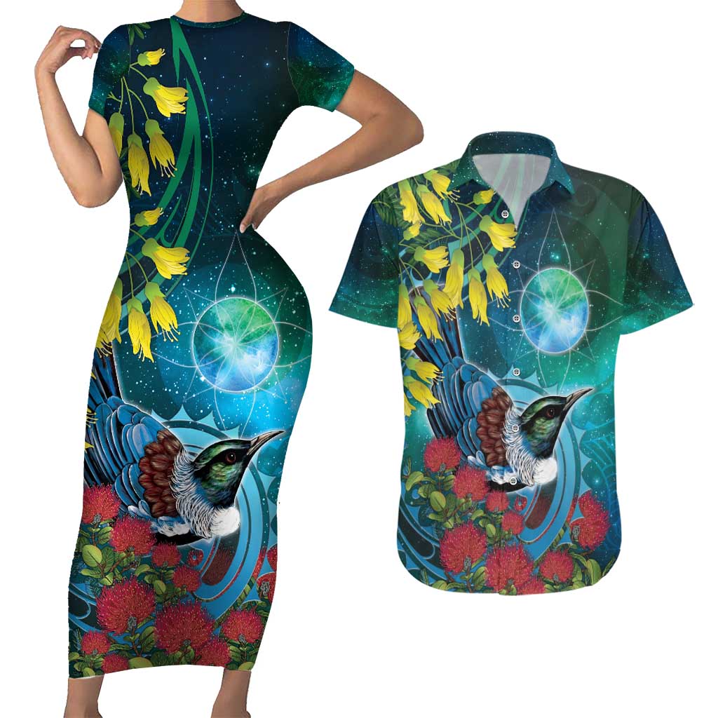 New Zealand Tui Bird Couples Matching Short Sleeve Bodycon Dress and Hawaiian Shirt Maori Koru With Pohutukawa Galaxy Style - Polynesian Pride