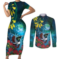 New Zealand Tui Bird Couples Matching Short Sleeve Bodycon Dress and Long Sleeve Button Shirt Maori Koru With Pohutukawa Galaxy Style - Polynesian Pride
