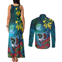 New Zealand Tui Bird Couples Matching Tank Maxi Dress and Long Sleeve Button Shirt Maori Koru With Pohutukawa Galaxy Style - Polynesian Pride