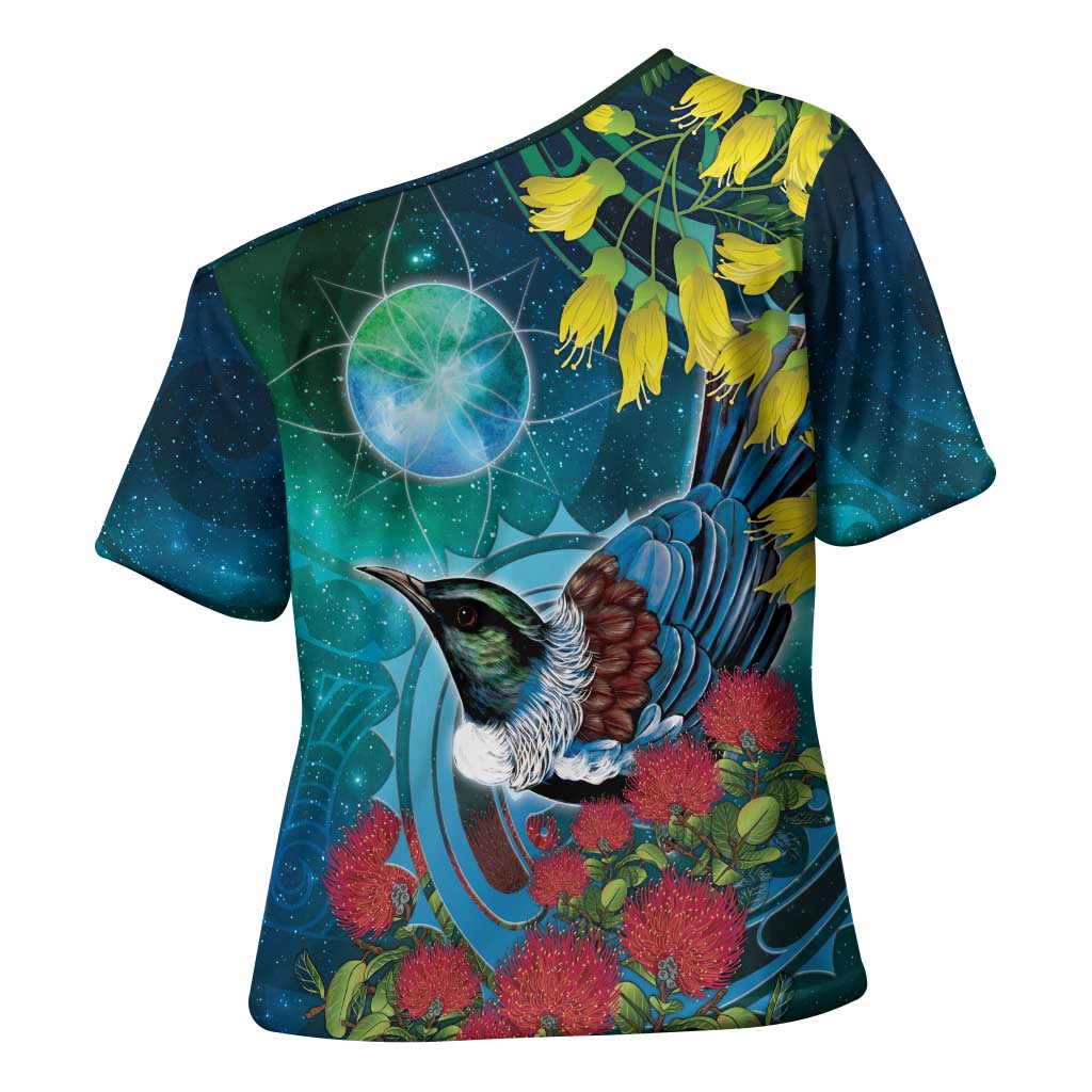 New Zealand Tui Bird Cross Shoulder Shirt Maori Koru With Pohutukawa Galaxy Style - Polynesian Pride