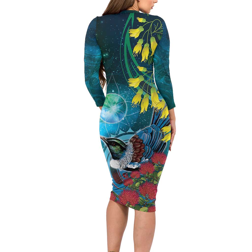 New Zealand Tui Bird Family Matching Long Sleeve Bodycon Dress and Hawaiian Shirt Maori Koru With Pohutukawa Galaxy Style - Polynesian Pride