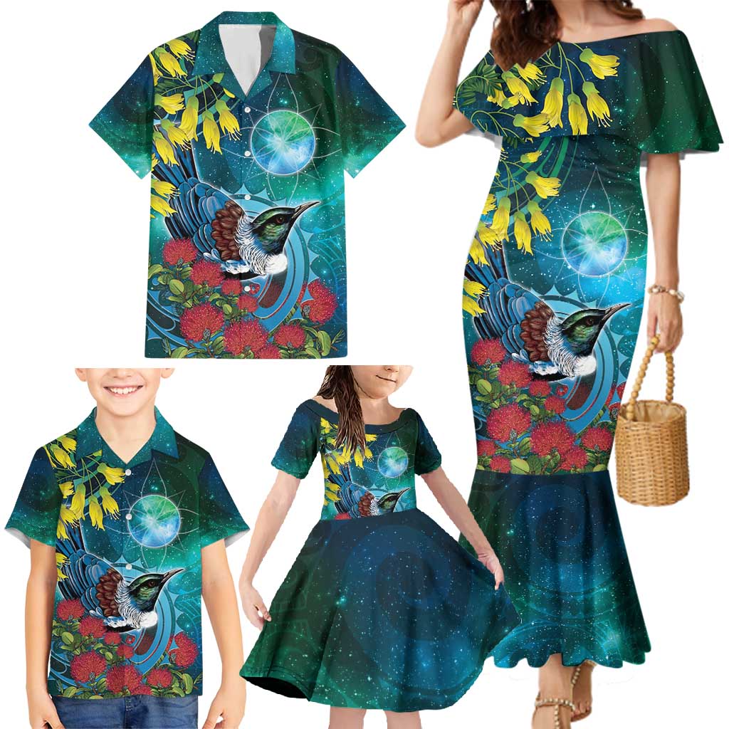 New Zealand Tui Bird Family Matching Mermaid Dress and Hawaiian Shirt Maori Koru With Pohutukawa Galaxy Style - Polynesian Pride